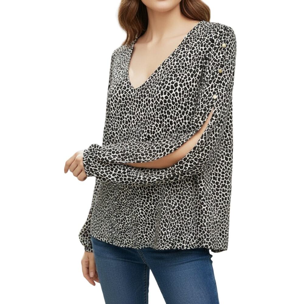 NWT MICHAEL KORS Arm Slit Animal Print Top Blouse Women L V-Neck Ruby Black